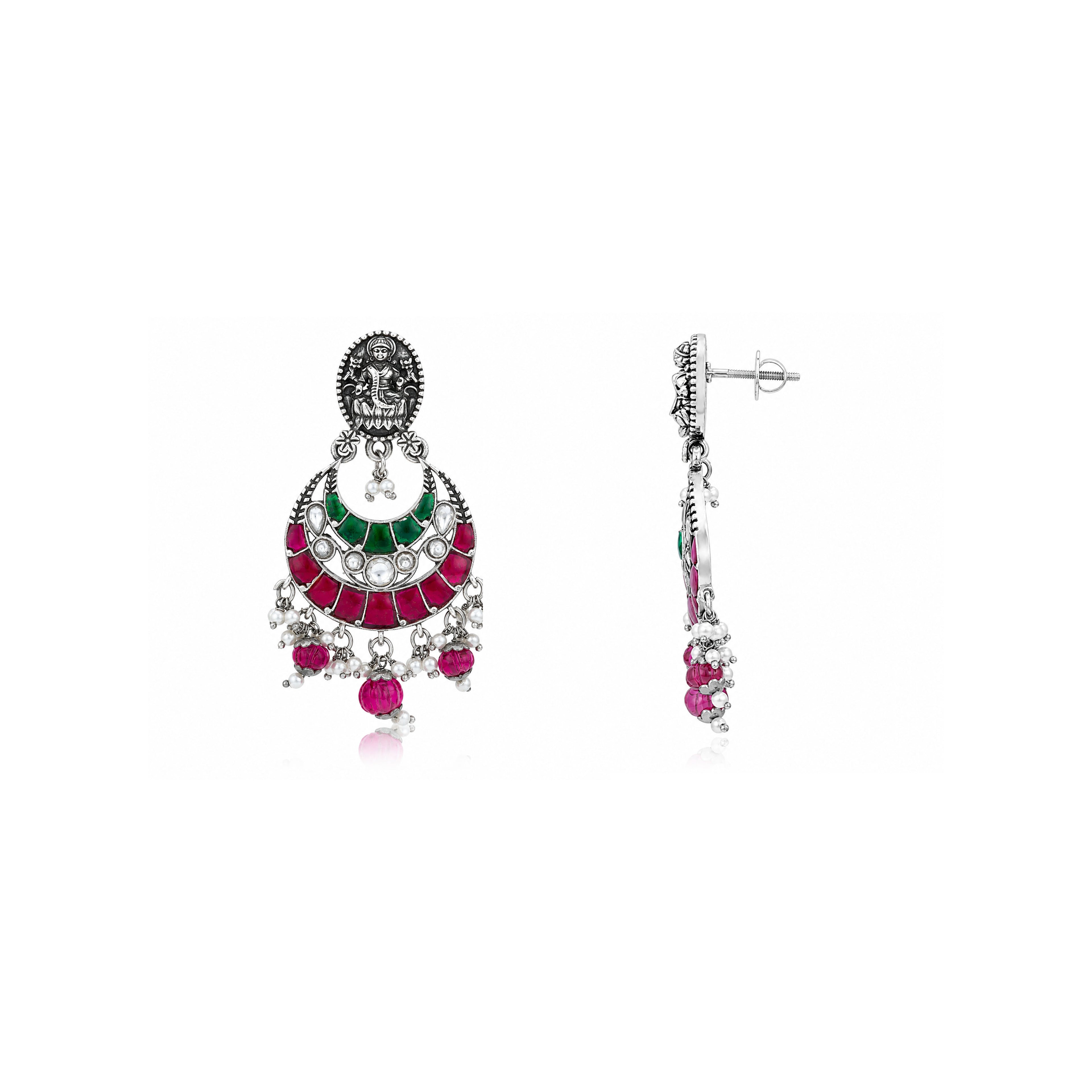 Goddess Lakshmi Oxidized Silver Chandbali Earrings