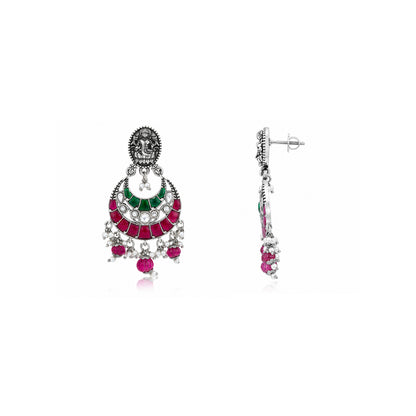 Goddess Lakshmi Oxidized Silver Chandbali Earrings