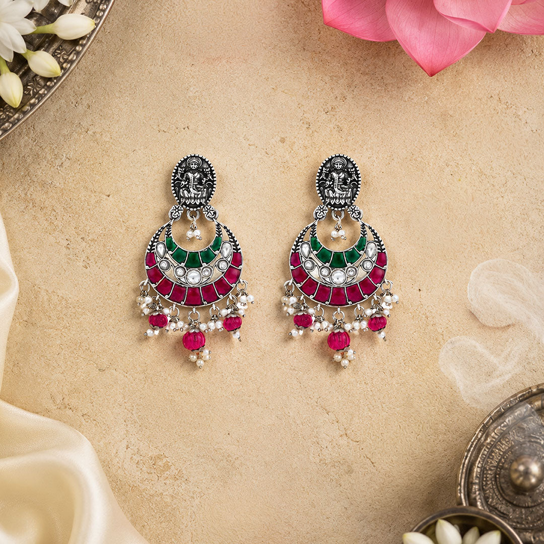 Goddess Lakshmi Oxidized Silver Chandbali Earrings