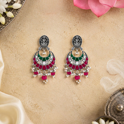 Goddess Lakshmi Oxidized Silver Chandbali Earrings
