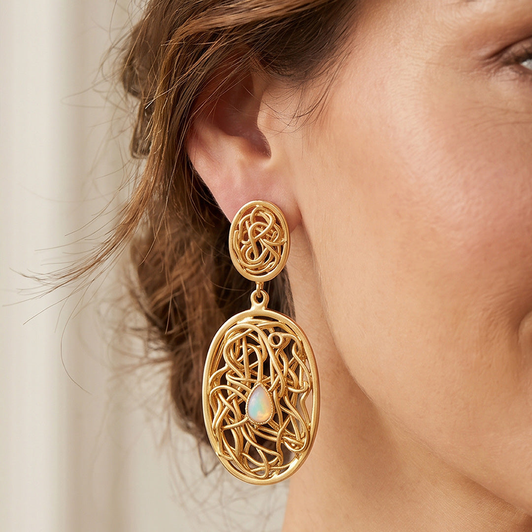 Gold Filigree Opal Drop Earrings