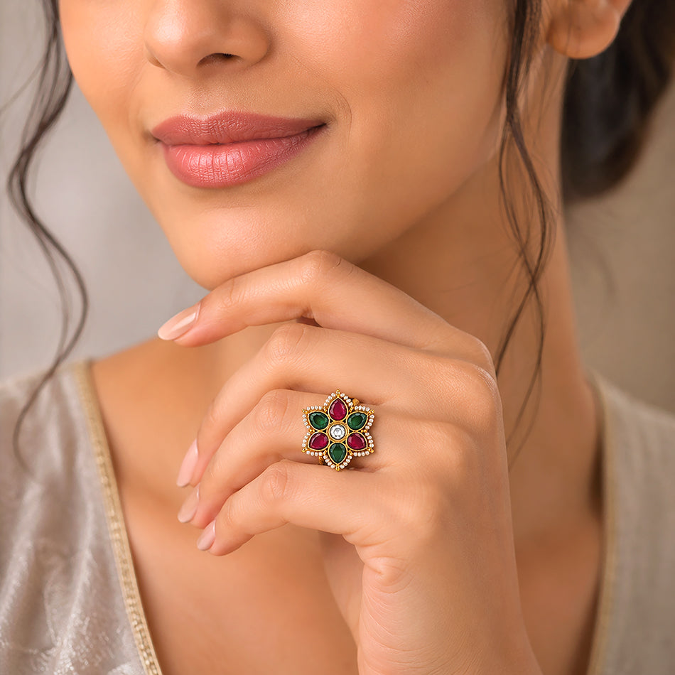 Gold Floral Ruby Emerald Pearl Statement Ring