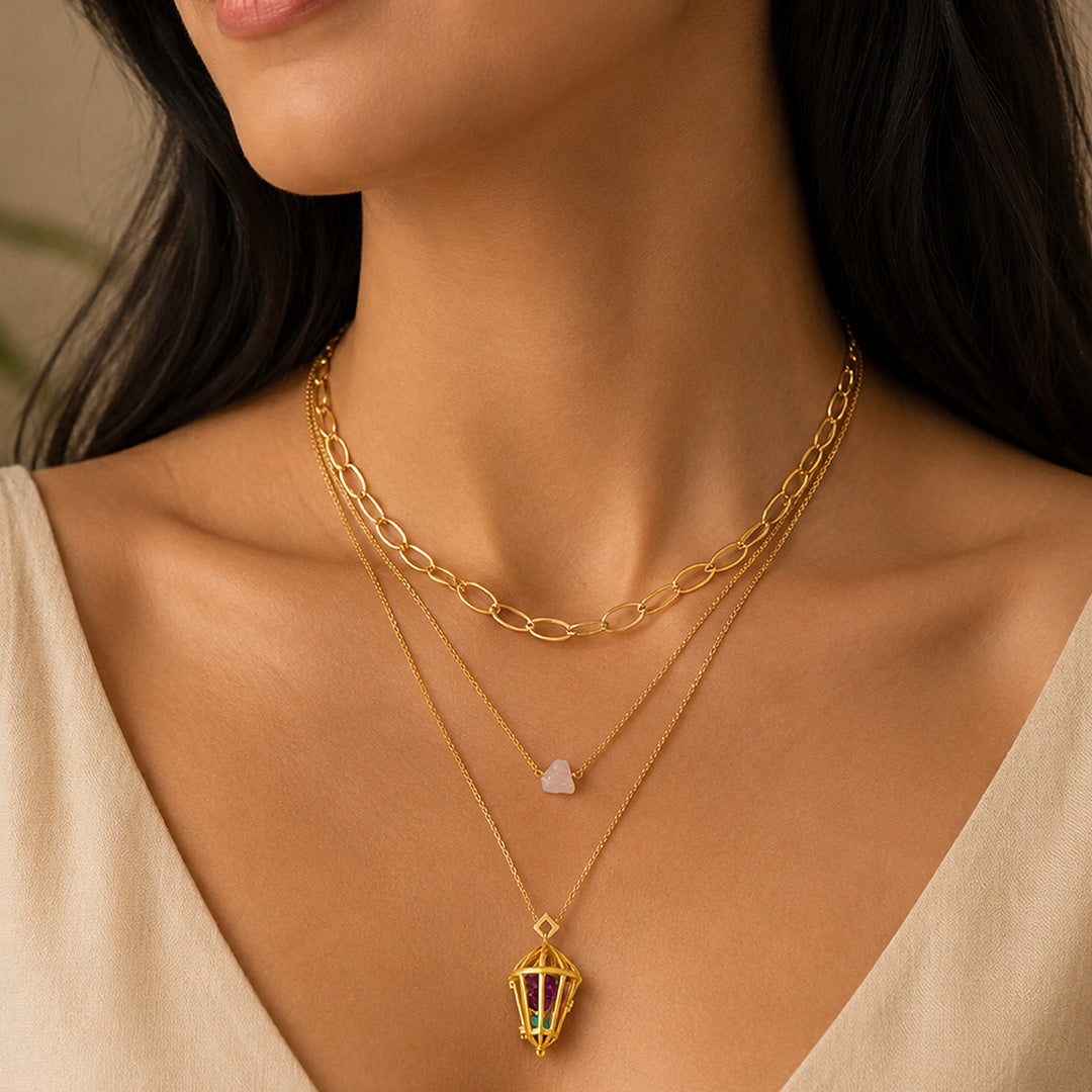 Gold Layered Raw Stone Lantern Silver Chain Pendant