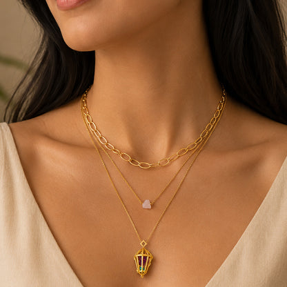 Gold Layered Raw Stone Lantern Silver Chain Pendant
