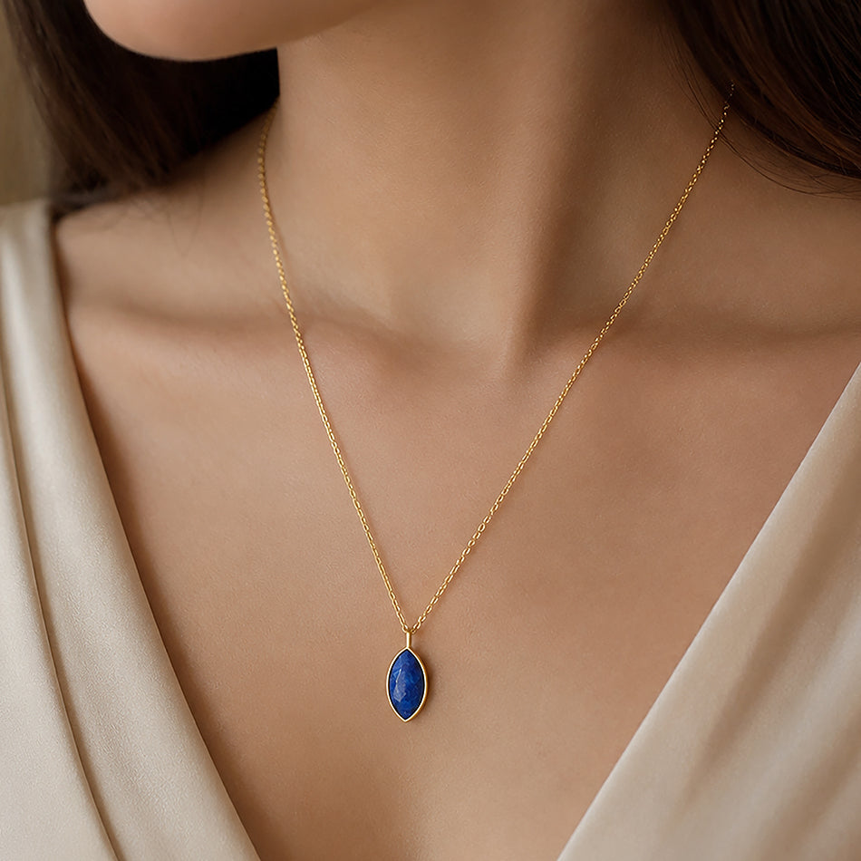 Gold Marquise Blue Opal Silver Chain Pendant