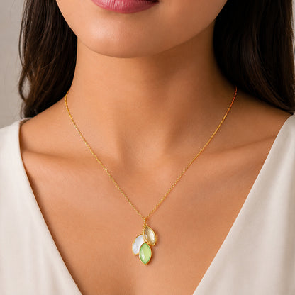 Gold Marquise Triple Green Stone Silver Cluster Pendant Chain