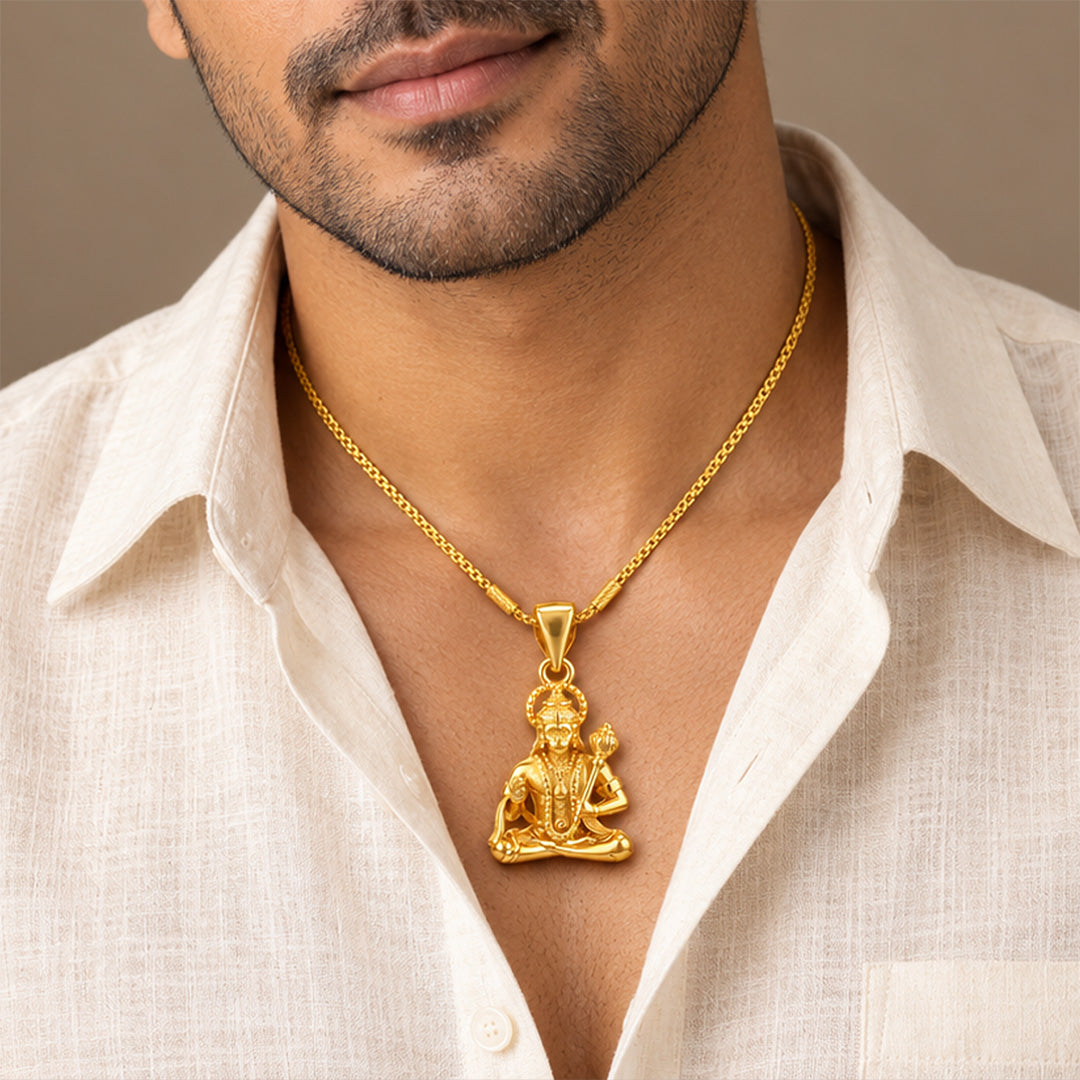 Gold Meditating Lord Hanuman Sterling Silver Pendant
