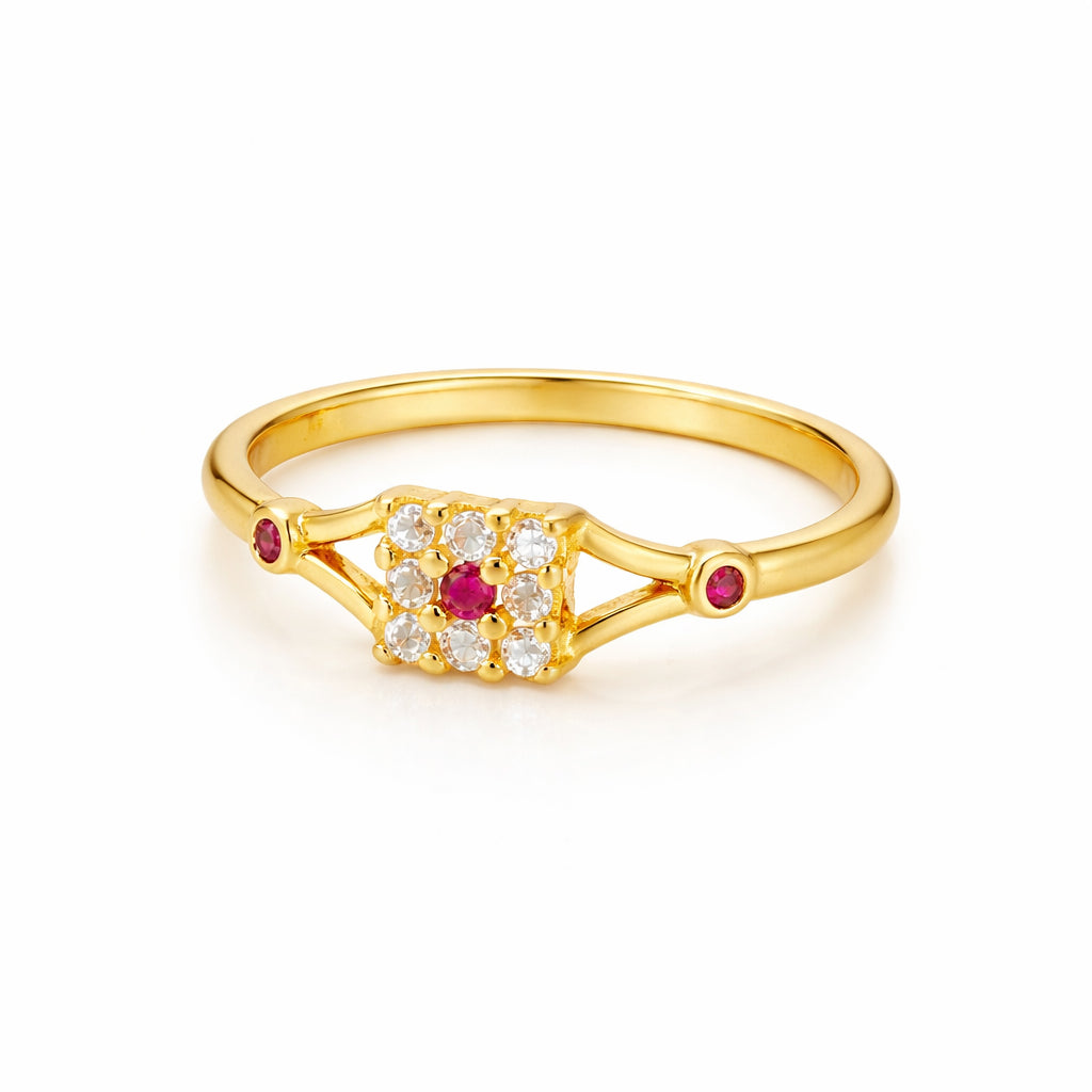 Gold Plated Square Cluster Ruby Halo 925 Sterling Silver Ring for Women