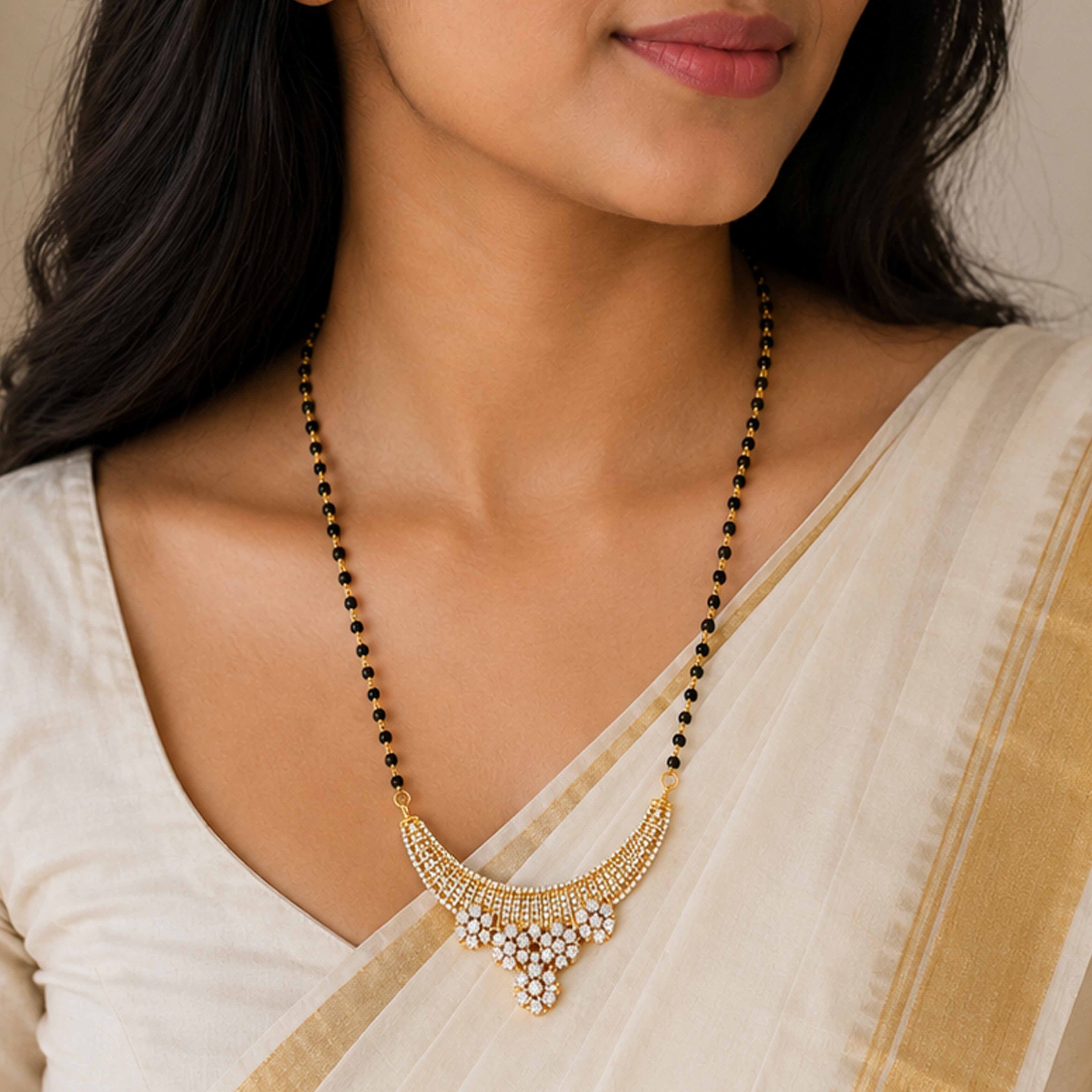 Gold Plated CZ Curved Mangalsutra Chain Pendant
