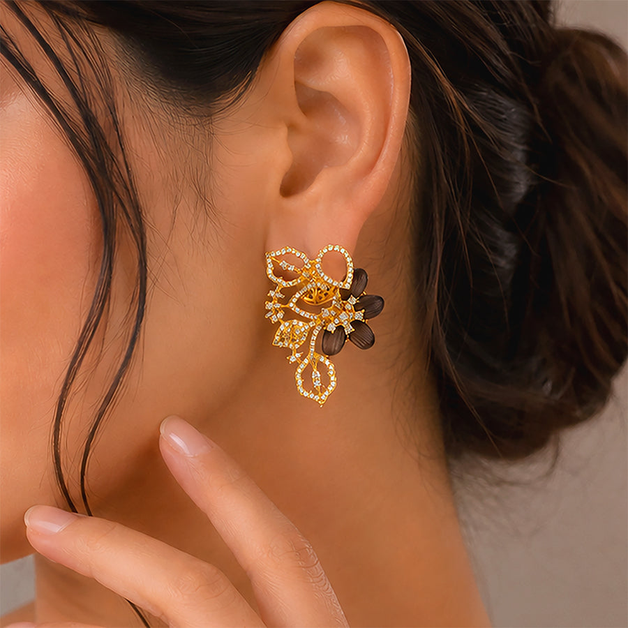 Gold Plated Smoky Quartz Floral Silver Studs