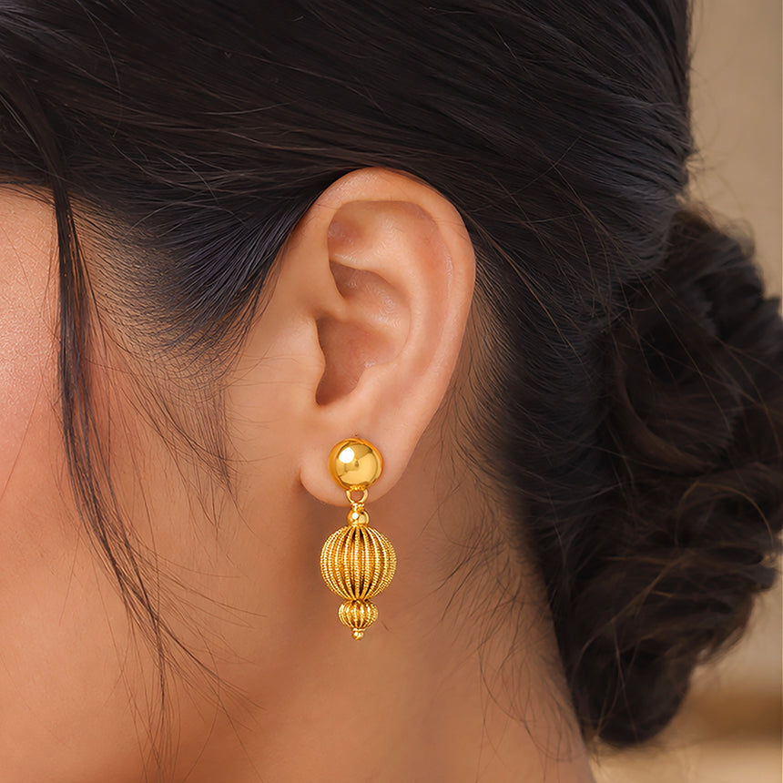 Gold Plated Textured Bead Silver Drop Earrings