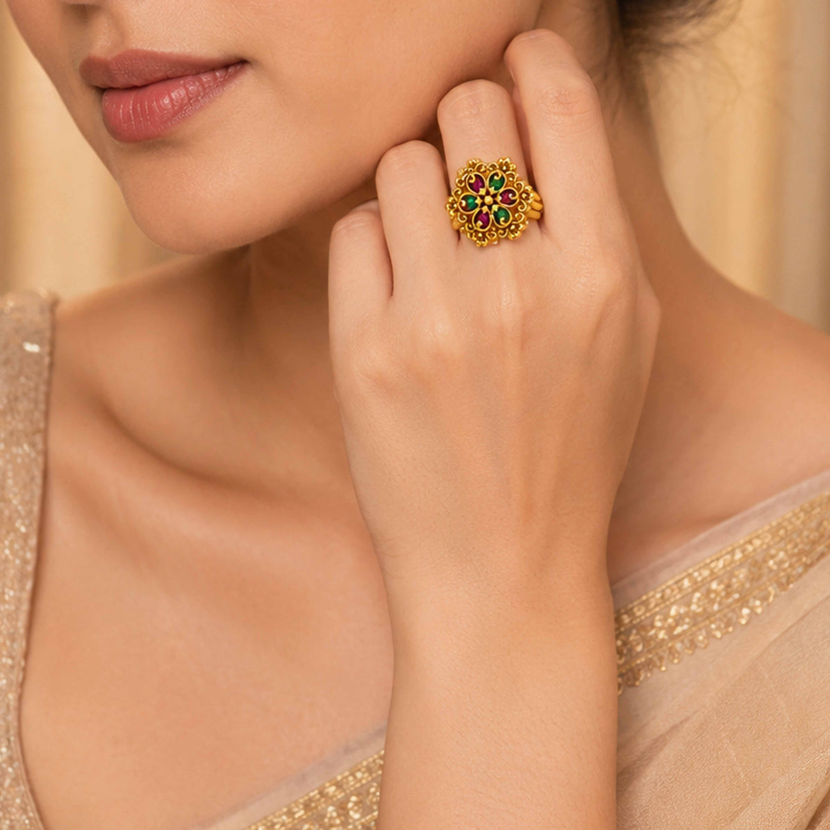 Gold Ruby Emerald Antique Floral Statement Ring