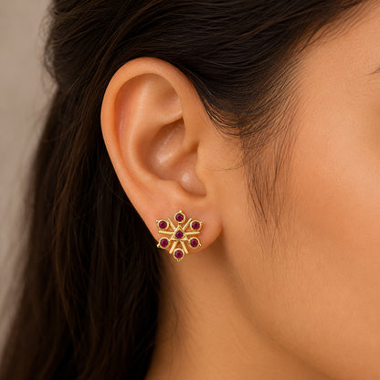 Gold Ruby Geometric Snowflake Stud Earrings