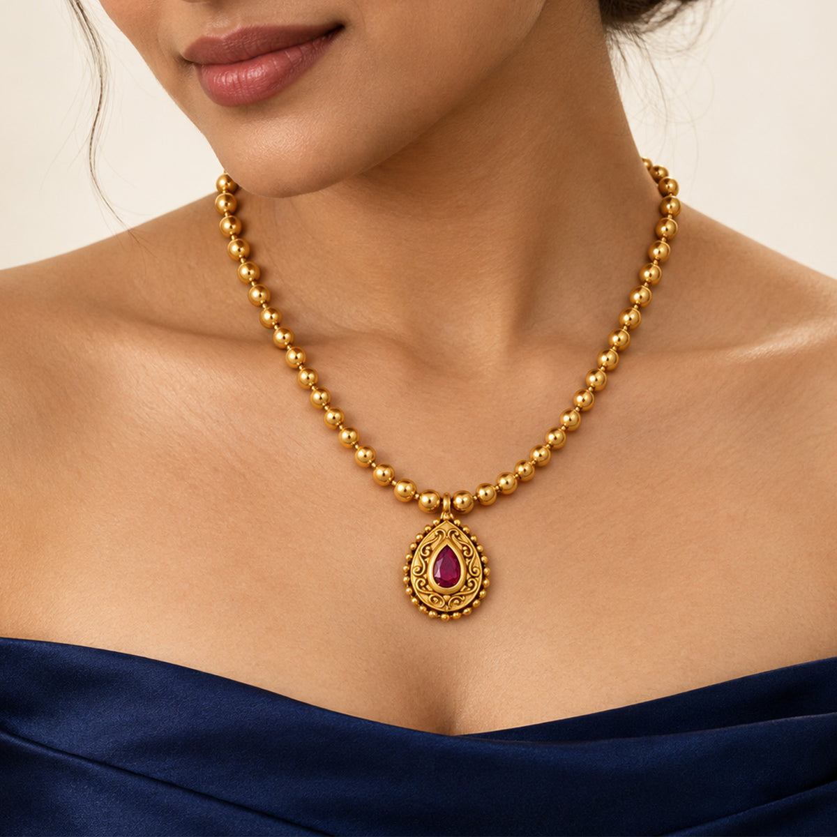 Gold Ruby Teardrop Pendant Sterling Silver Chain