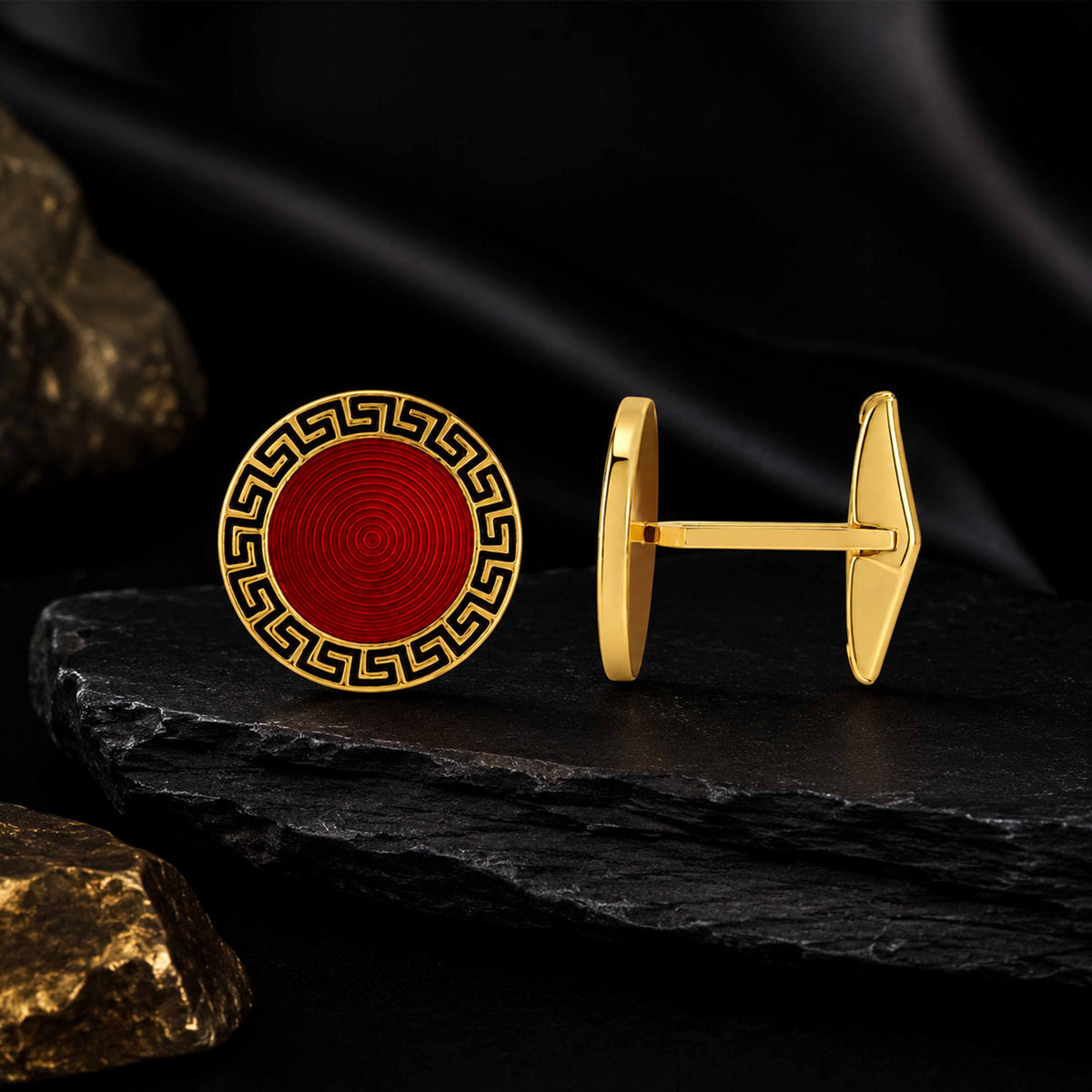Gold Silver Red Enamel Greek key cufflinks