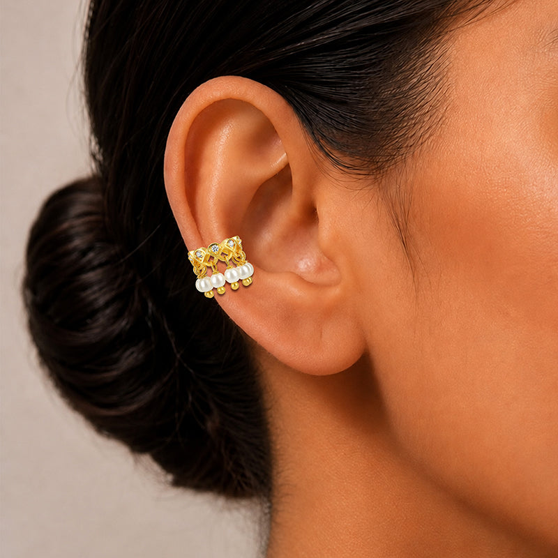 Gold Zircon Hoop Earrings with Pearl Drops