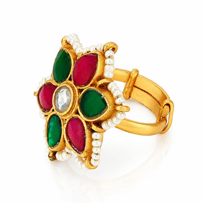 Gold Floral Ruby Emerald Pearl Statement Ring