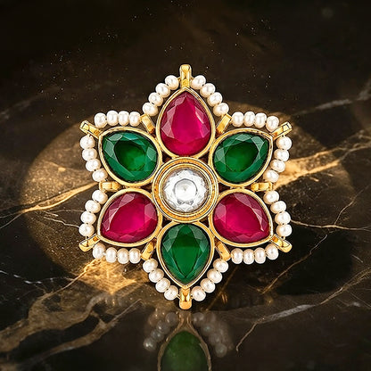 Gold Floral Ruby Emerald Pearl Statement Ring