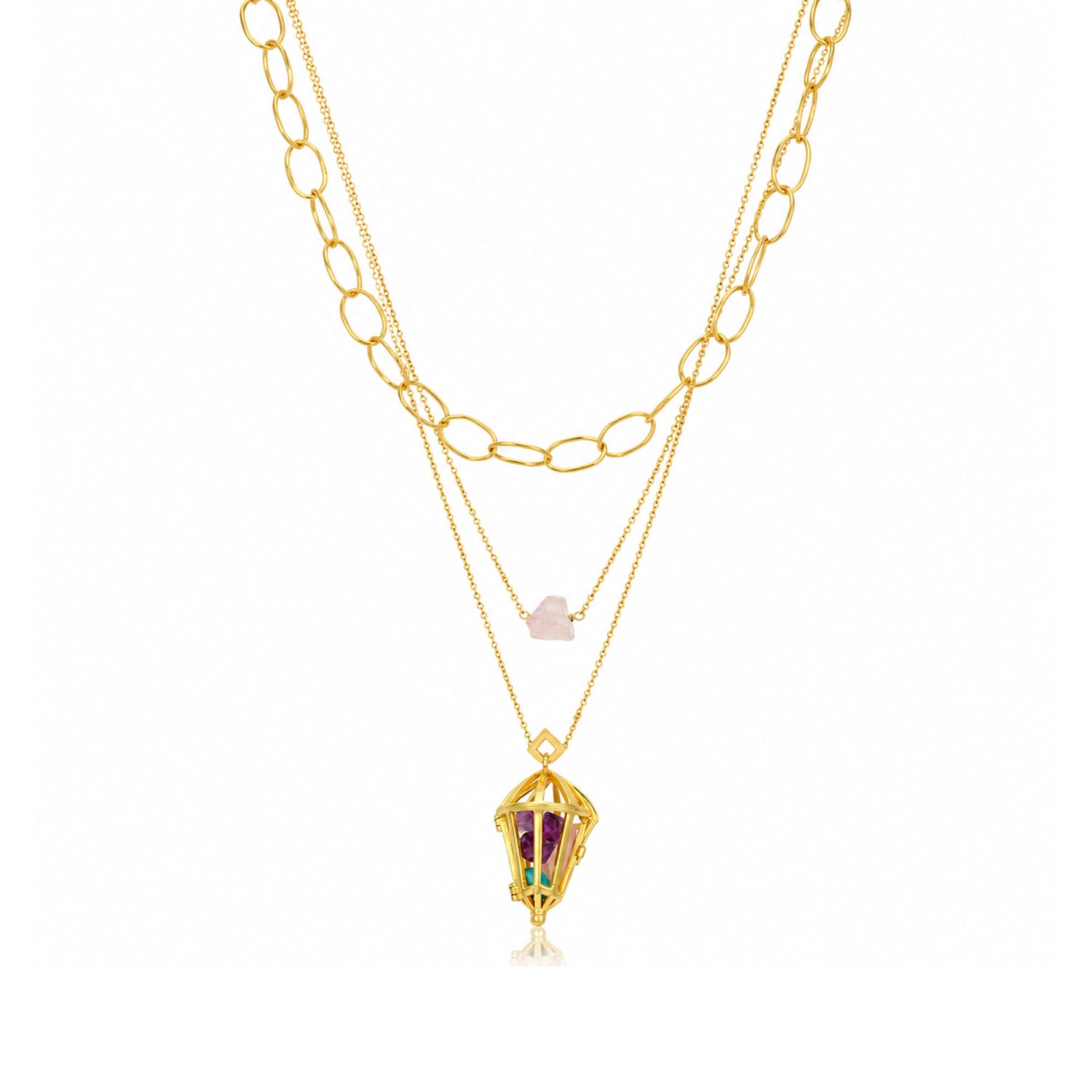 Gold Layered Raw Stone Lantern Silver Chain Pendant