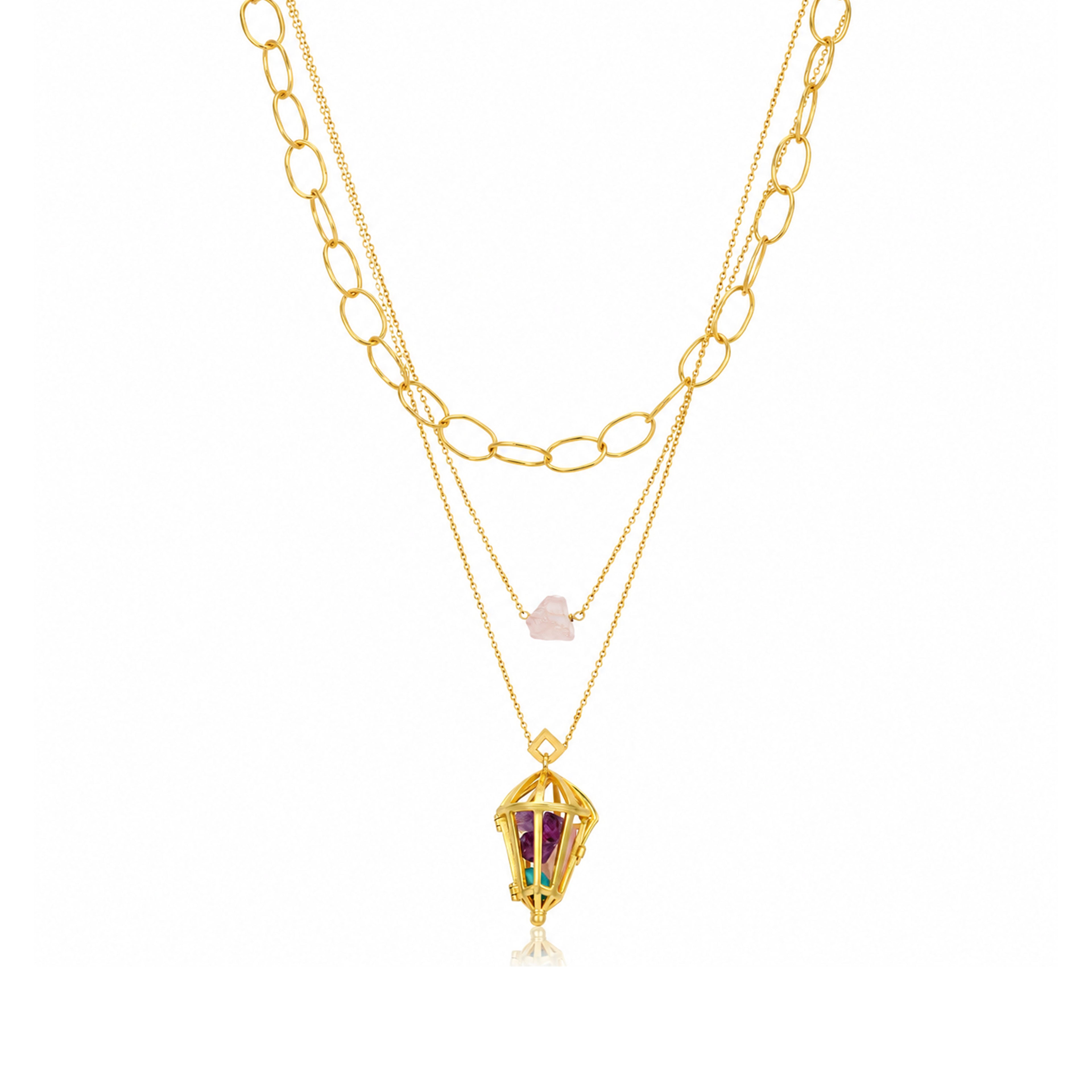 Gold Layered Raw Stone Lantern Silver Chain Pendant