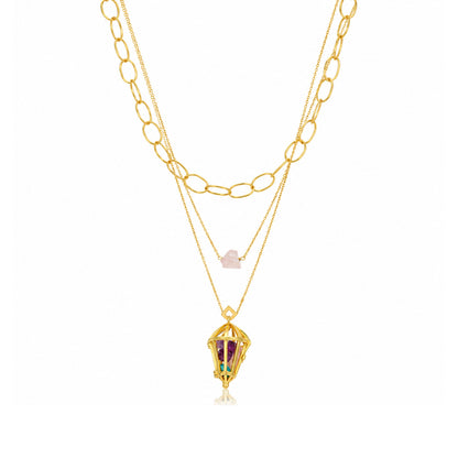 Gold Layered Raw Stone Lantern Silver Chain Pendant
