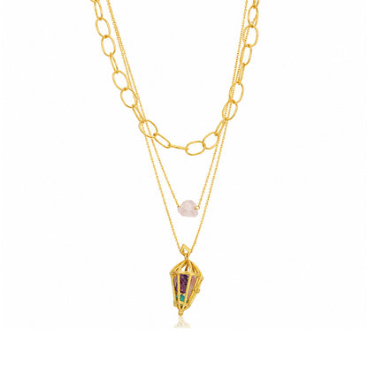 Gold Layered Raw Stone Lantern Silver Chain Pendant