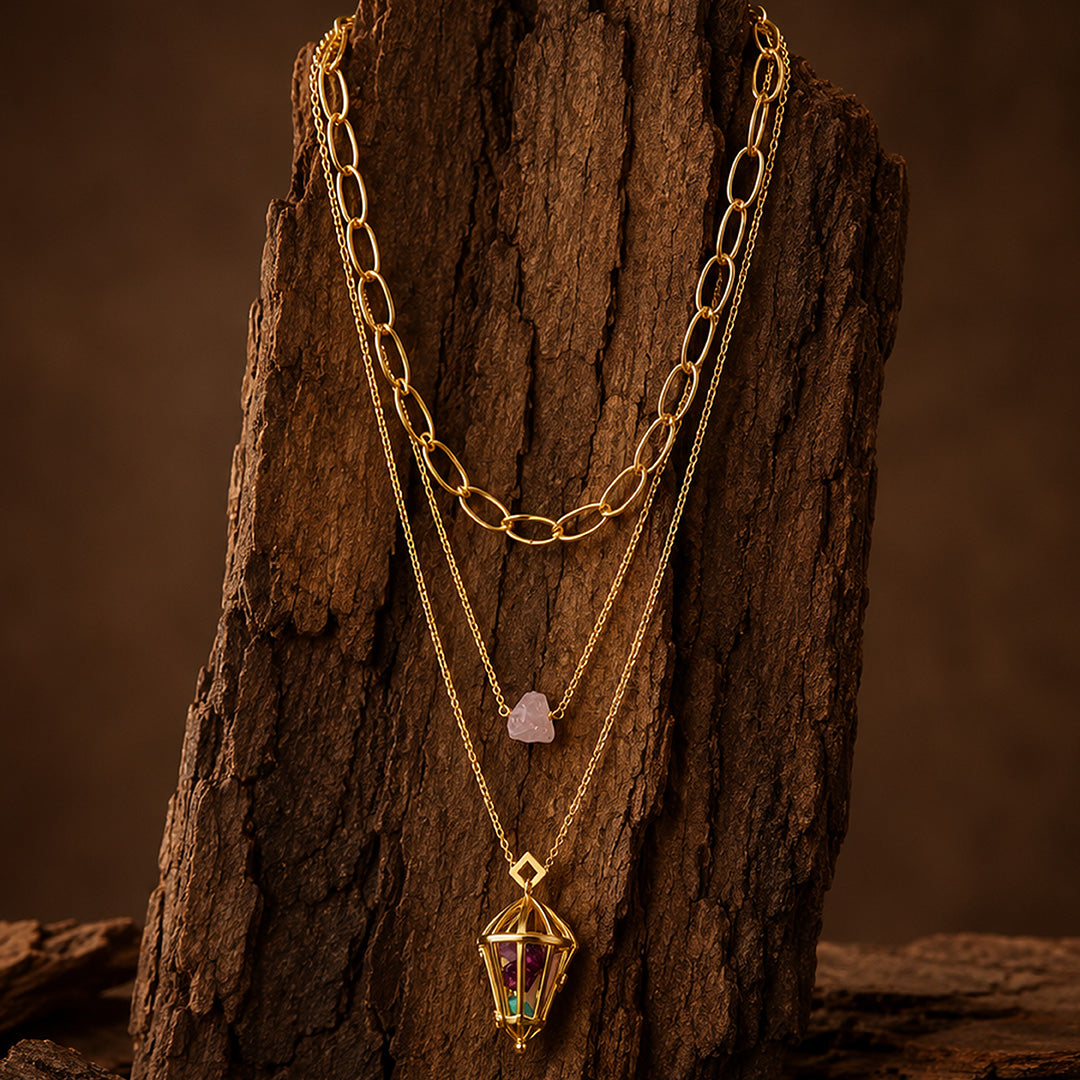Gold Layered Raw Stone Lantern Silver Chain Pendant