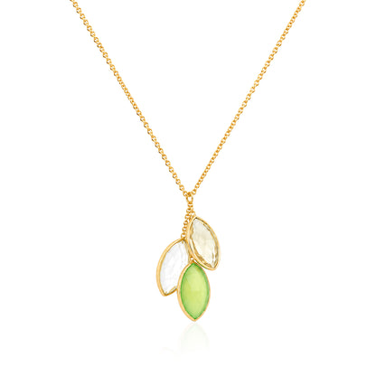 Gold Marquise Triple Green Stone Silver Cluster Pendant Chain
