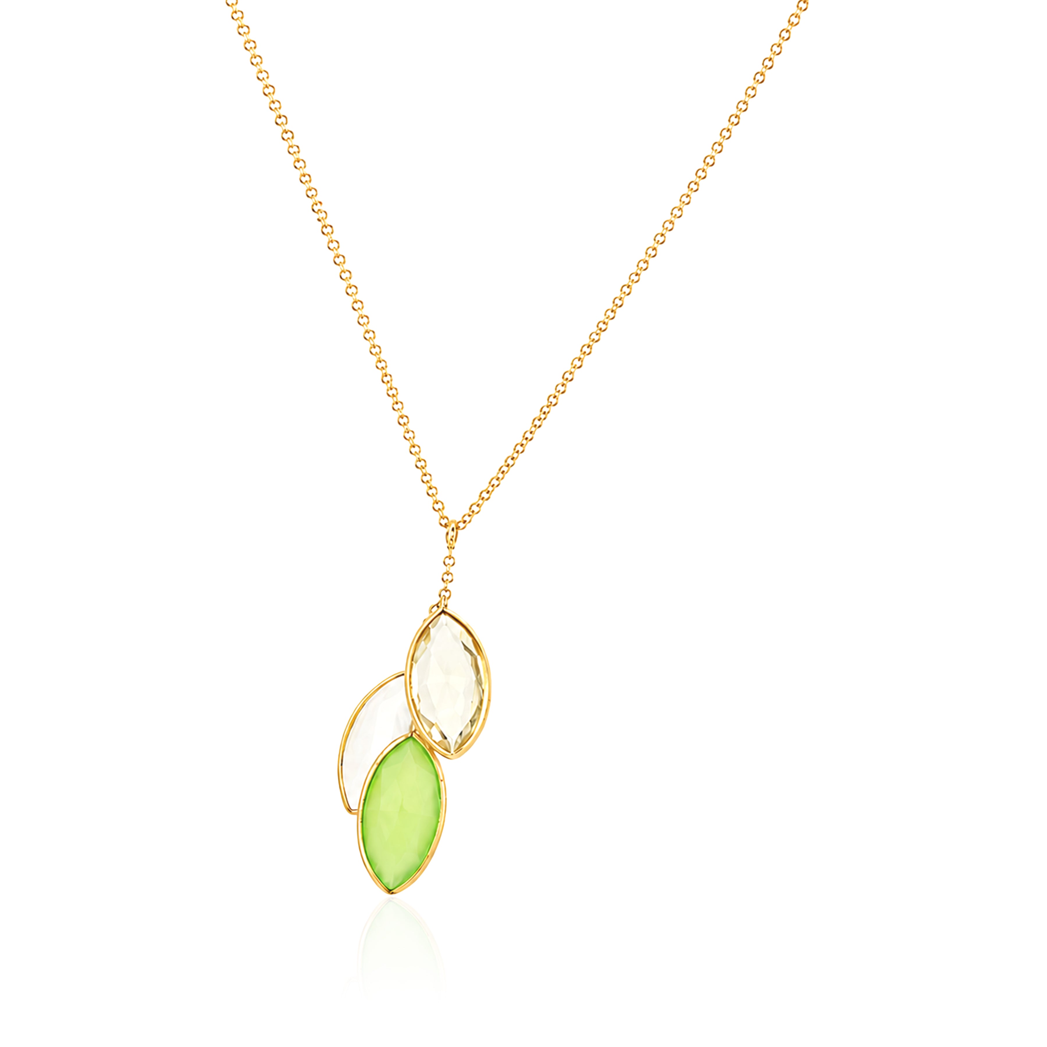 Gold Marquise Triple Green Stone Silver Cluster Pendant Chain