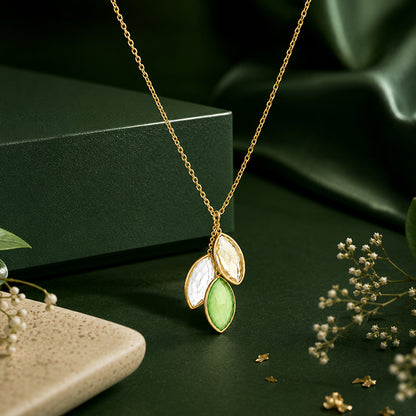Gold Marquise Triple Green Stone Silver Cluster Pendant Chain