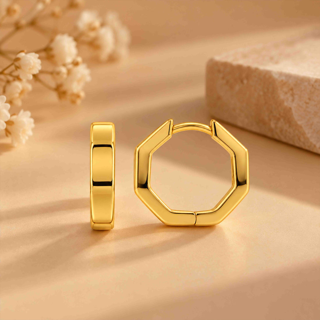Gold Octagon Hoop Sterling Silver Earring