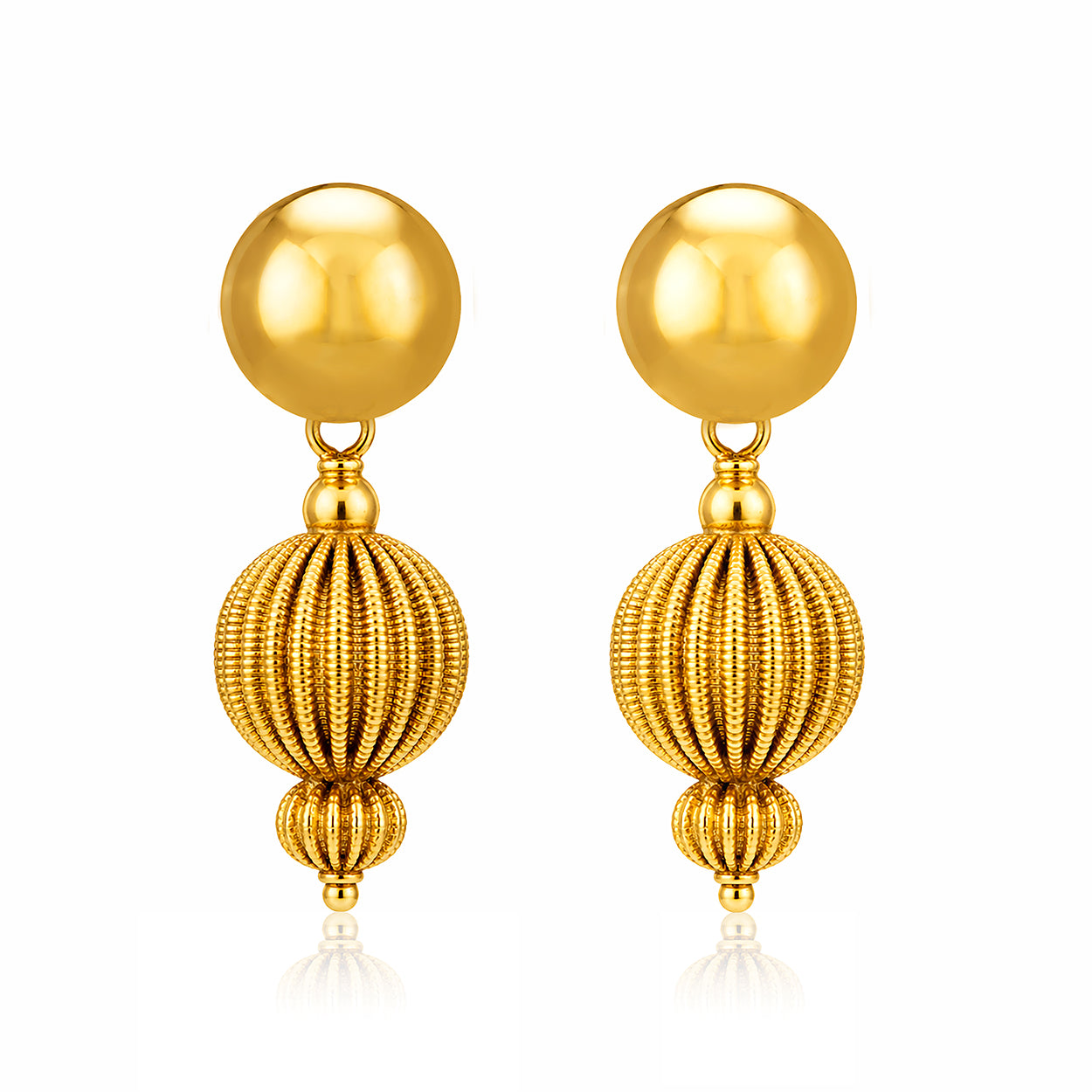 Gold Plated Textured Bead Silver Drop Earrings