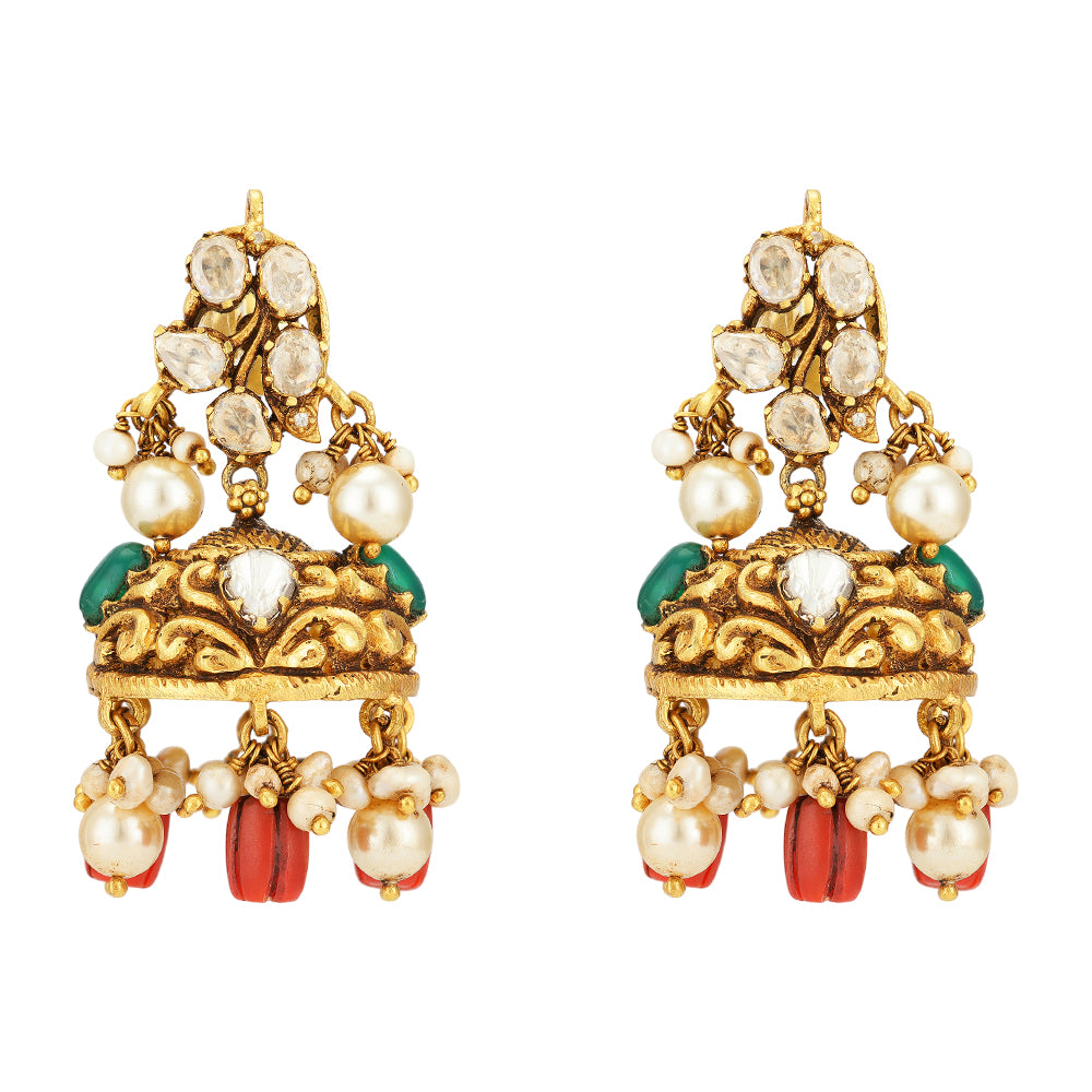 Gold Plated 925 Coral Drop Jhumkas Glimmering Moissanite Detail Earrings