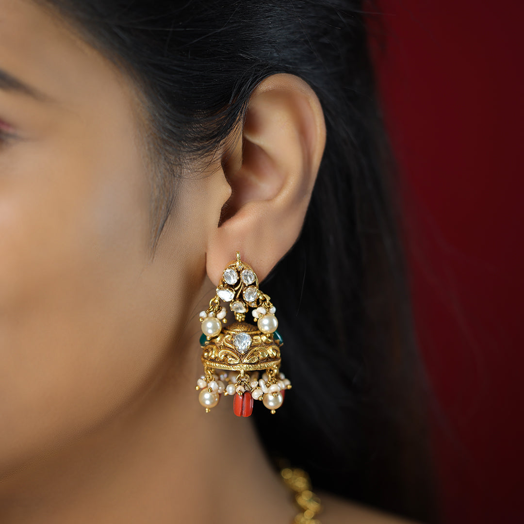 Gold Plated 925 Coral Drop Jhumkas Glimmering Moissanite Detail Earrings