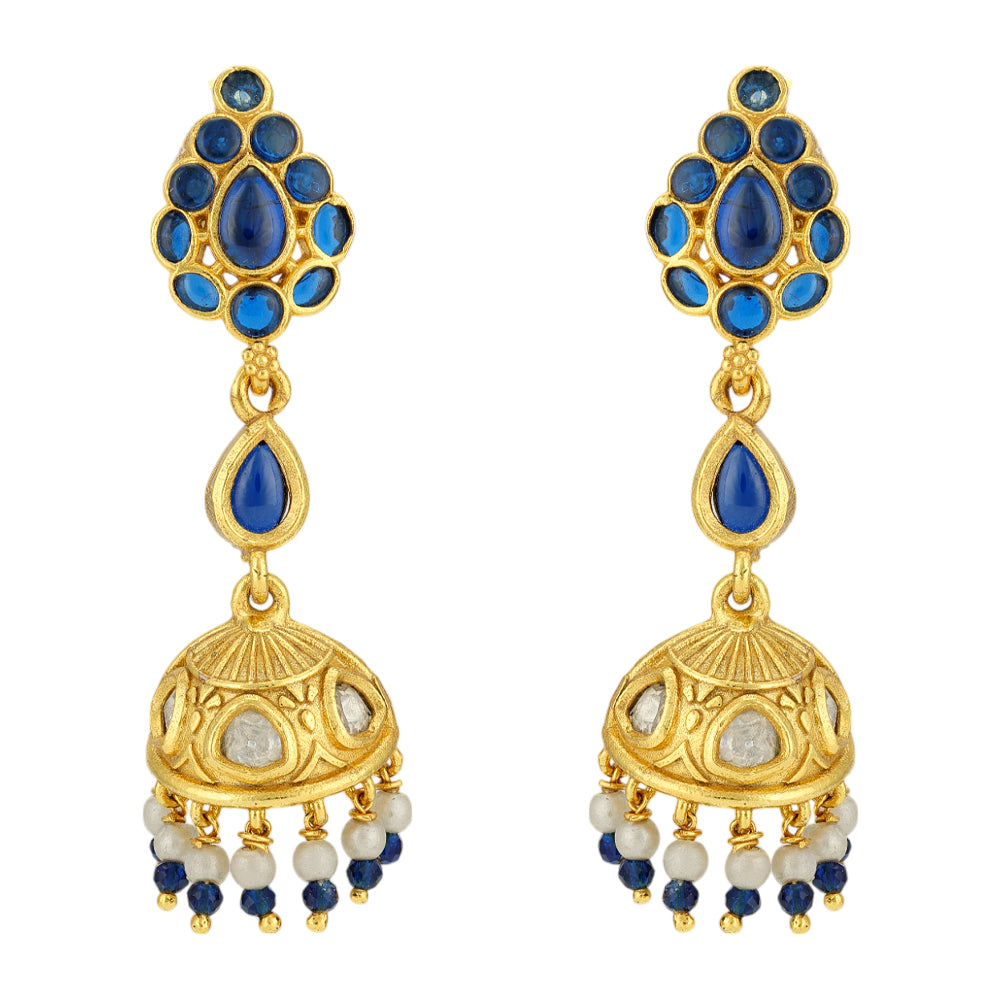 925 Gold Plated Blue Stoned Jhumka Pearl Drops