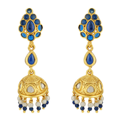 925 Gold Plated Blue Stoned Jhumka Pearl Drops