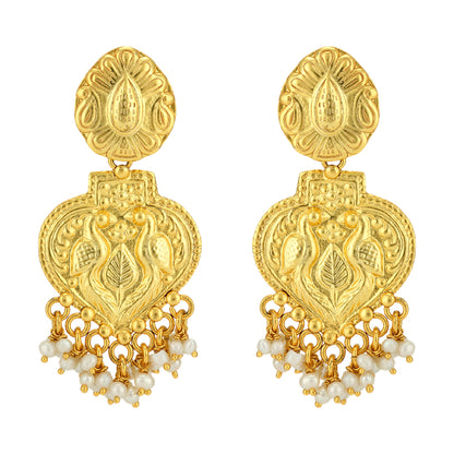 Gold Plated 925 Dual Peacock Vintage Style Pearl Drop Earrings