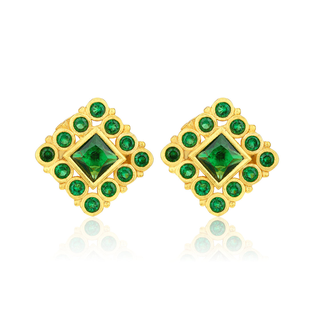 Gold Plated Green Stone Square Pattern 925 Sterling Silver Stud for Women