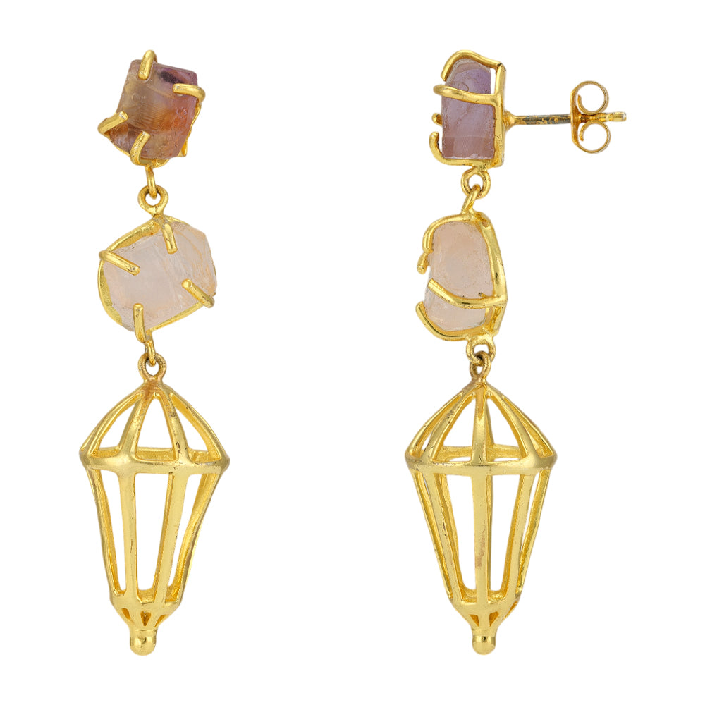 925 Gold Plated Rose Quartz Dangler Earrings