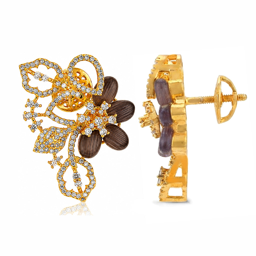 Gold Plated Smoky Quartz Floral Silver Studs