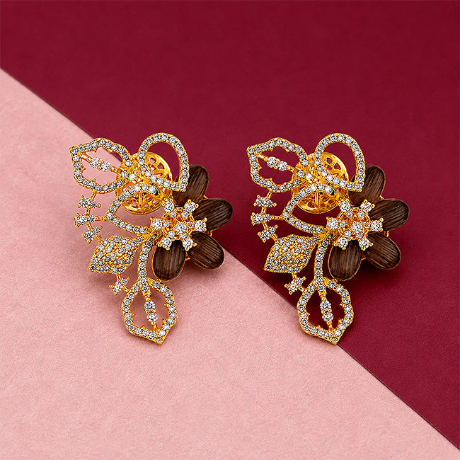 Gold Plated Smoky Quartz Floral Silver Studs