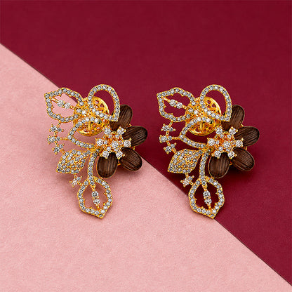 Gold Plated Smoky Quartz Floral Silver Studs