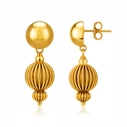 Gold Plated Textured Bead Silver Drop Earrings