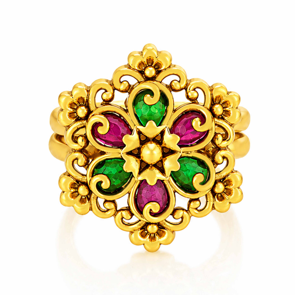 Gold Ruby Emerald Antique Floral Statement Ring