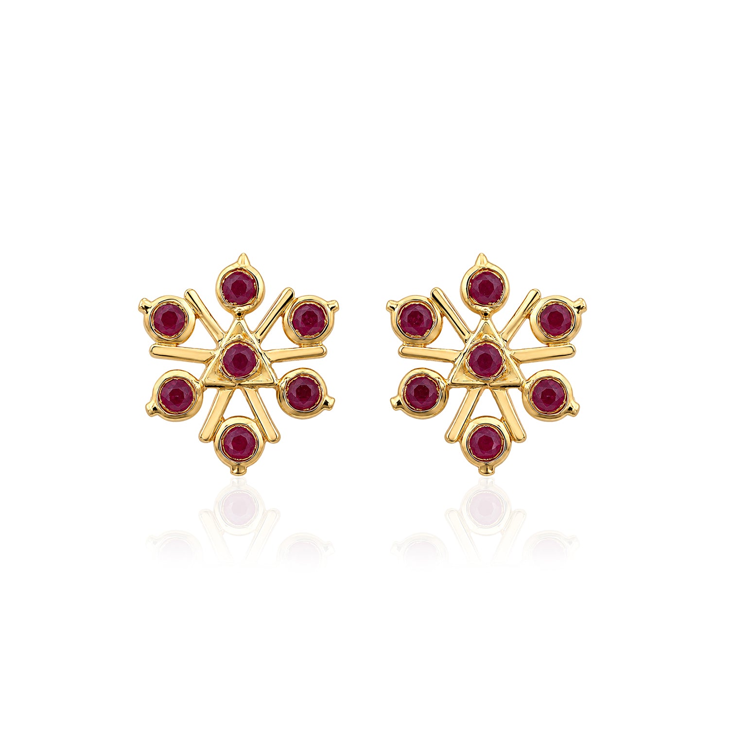 Gold Ruby Geometric Snowflake Stud Earrings