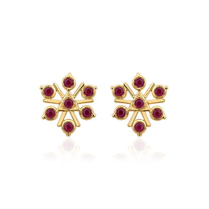 Gold Ruby Geometric Snowflake Stud Earrings