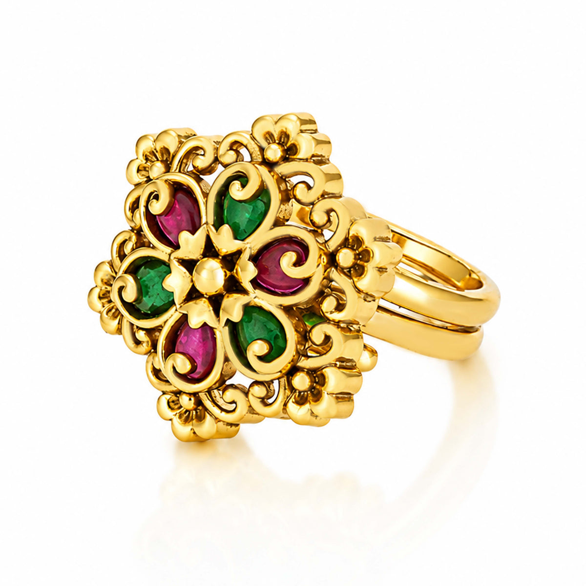 Gold Ruby Emerald Antique Floral Statement Ring