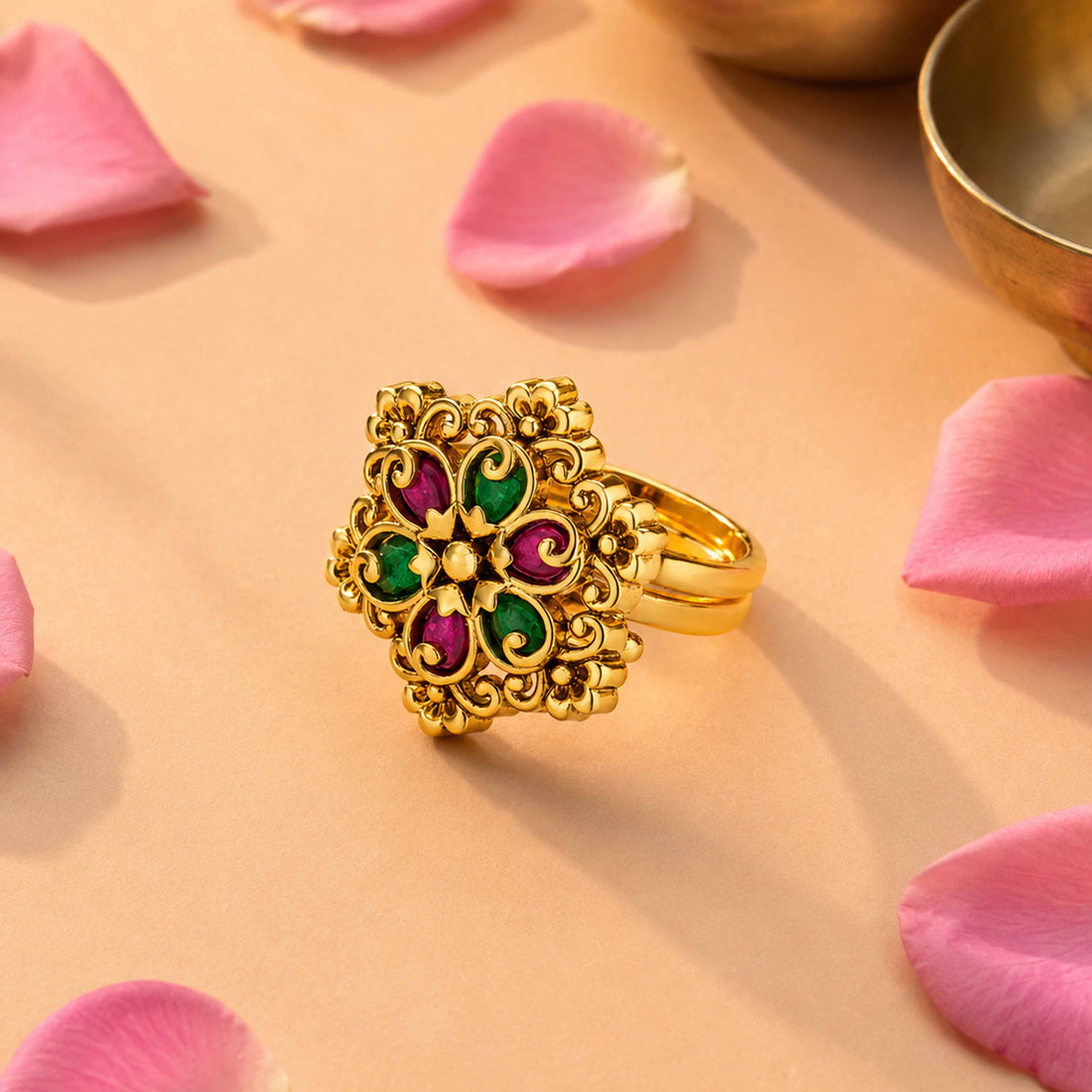 Gold Ruby Emerald Antique Floral Statement Ring