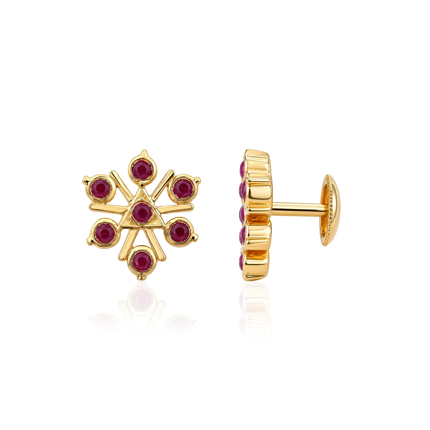 Gold Ruby Geometric Snowflake Stud Earrings