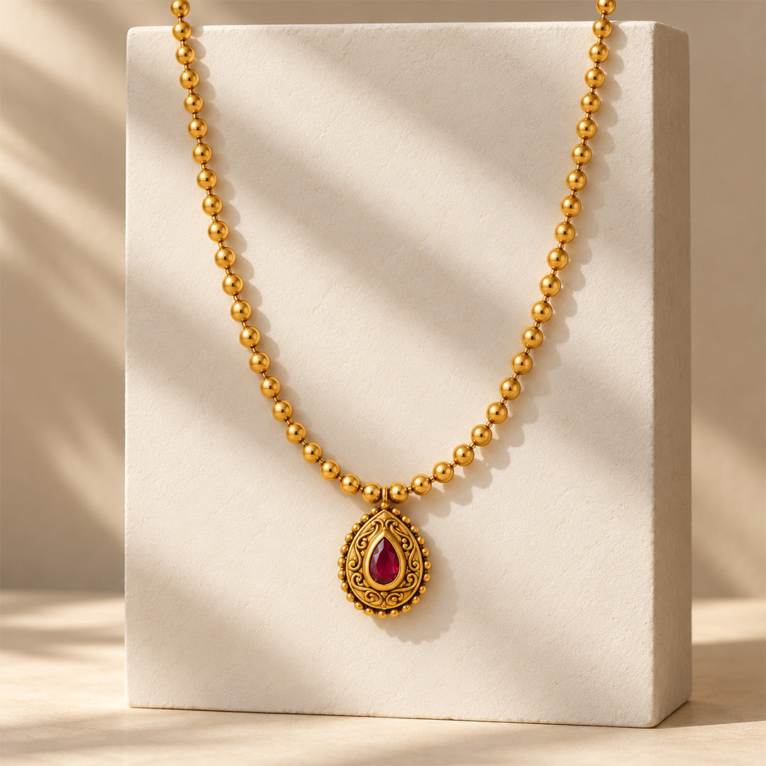 Gold Ruby Teardrop Pendant Sterling Silver Chain
